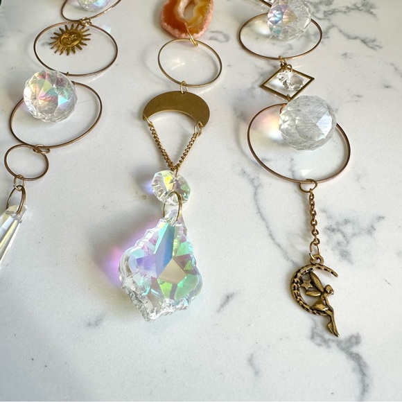 3 Pc Acrylic Crystal Sun Catcher Prism Pendant Garden Decor Golden Fairy Moon - Picture 5 of 6